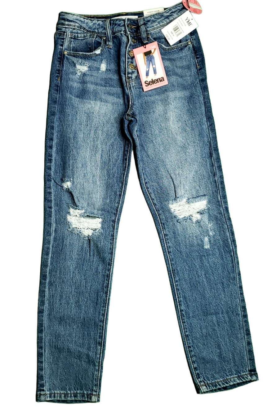 YMI Girls Jeans Selena Button Fly Straight Leg High Rise Distressed Hybrid Sz 14